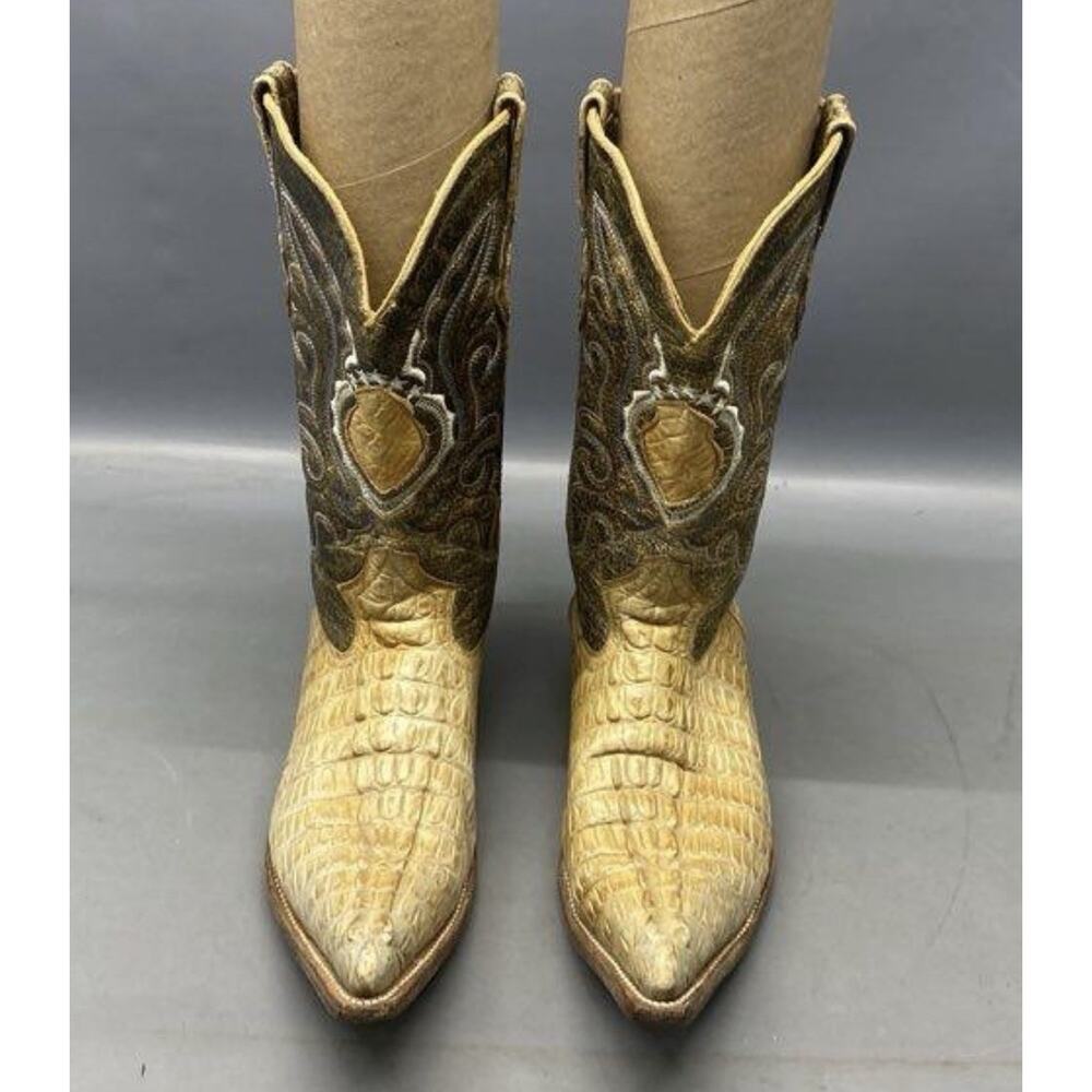 BOTAS AGUILA REAL Cowboy Western Caiman Croc Boots 2 Tone Mens 8.5 Gold Brown